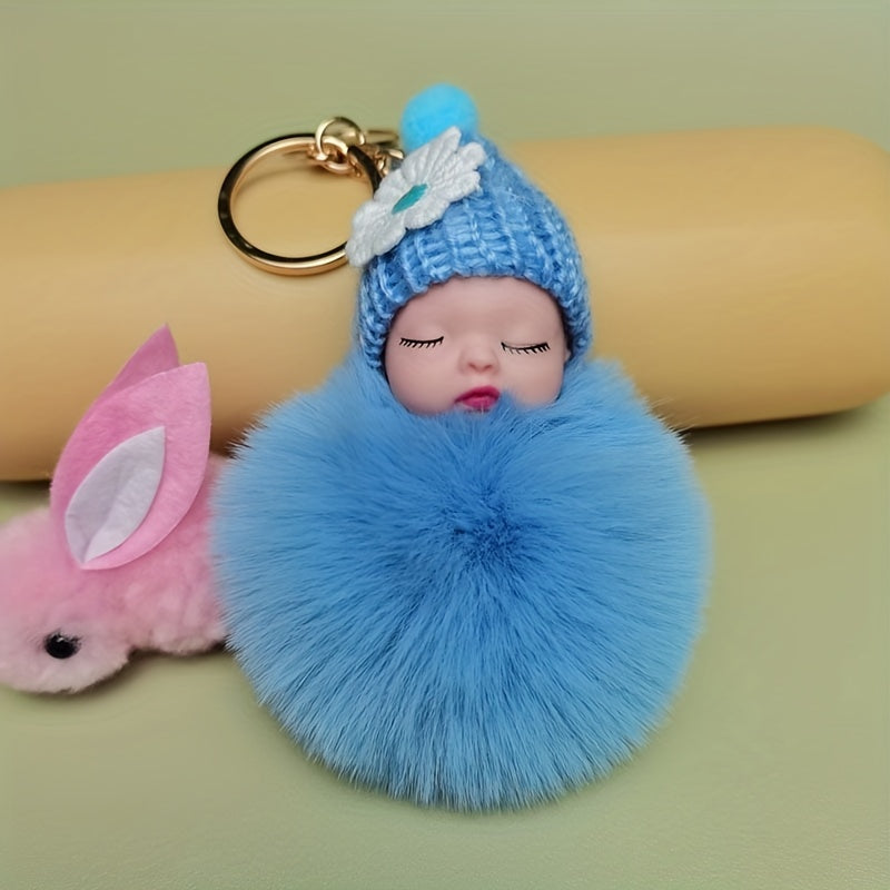 Cute Baby Doll Pom Pom Keychain Bag Charm Fluffy Fur Ball Pendant