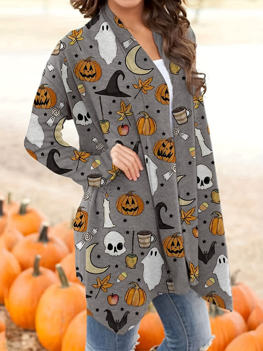  Pumpkin & Skull Print Halloween Cardigan Women's Long Sleeve