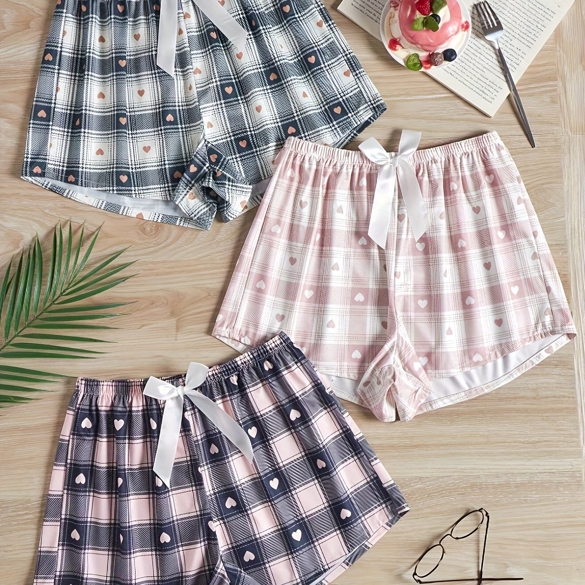 3 Pack Plus Size Preppy Lounge Bottoms Set Women's Plus Plaid & Heart Print Bow