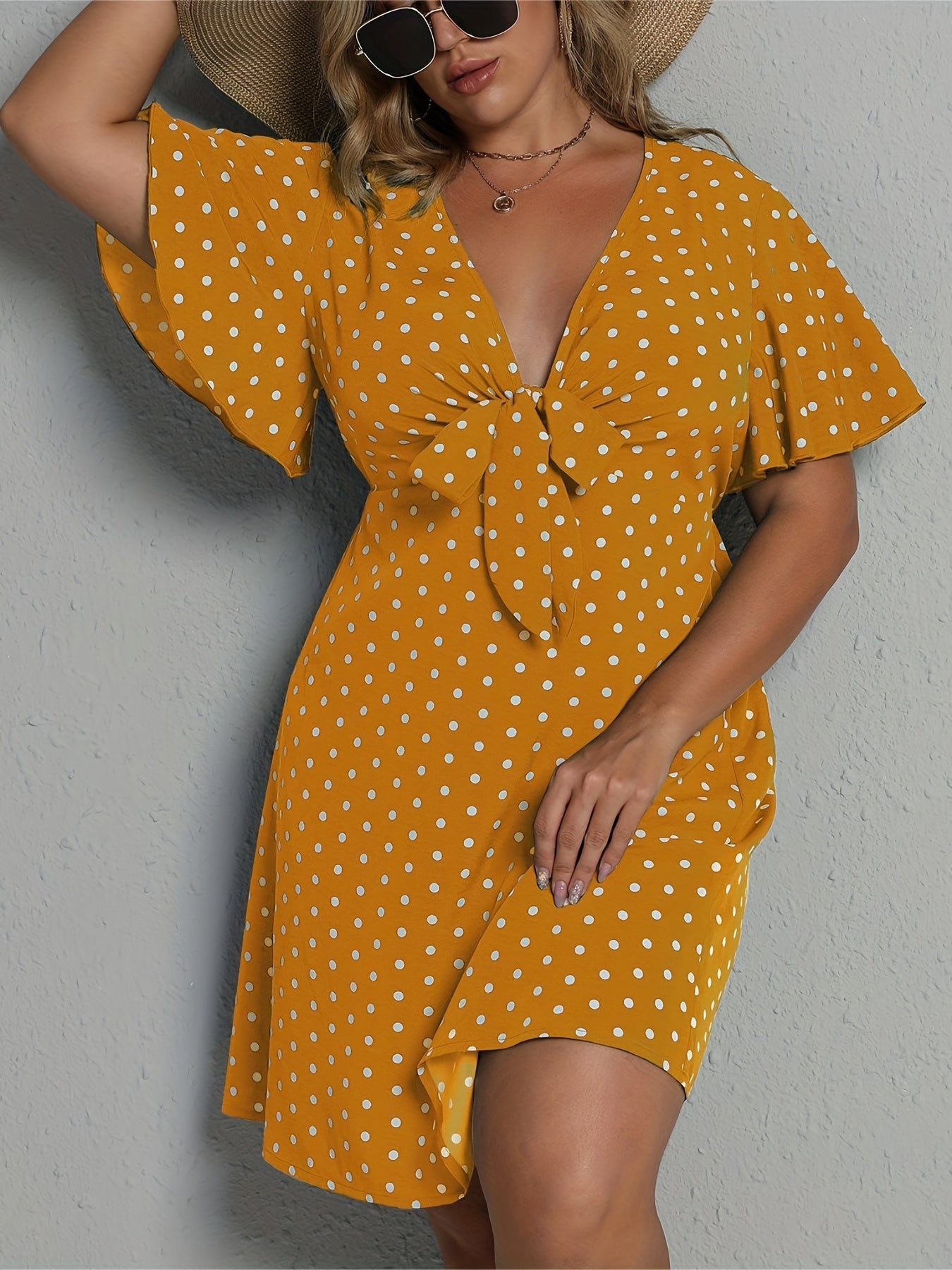 Polka Dot Flutter Sleeve Bow Knot Dress