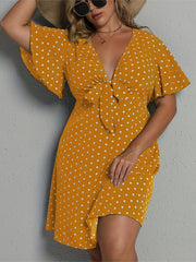  Polka Dot Flutter Sleeve Bow Knot Dress