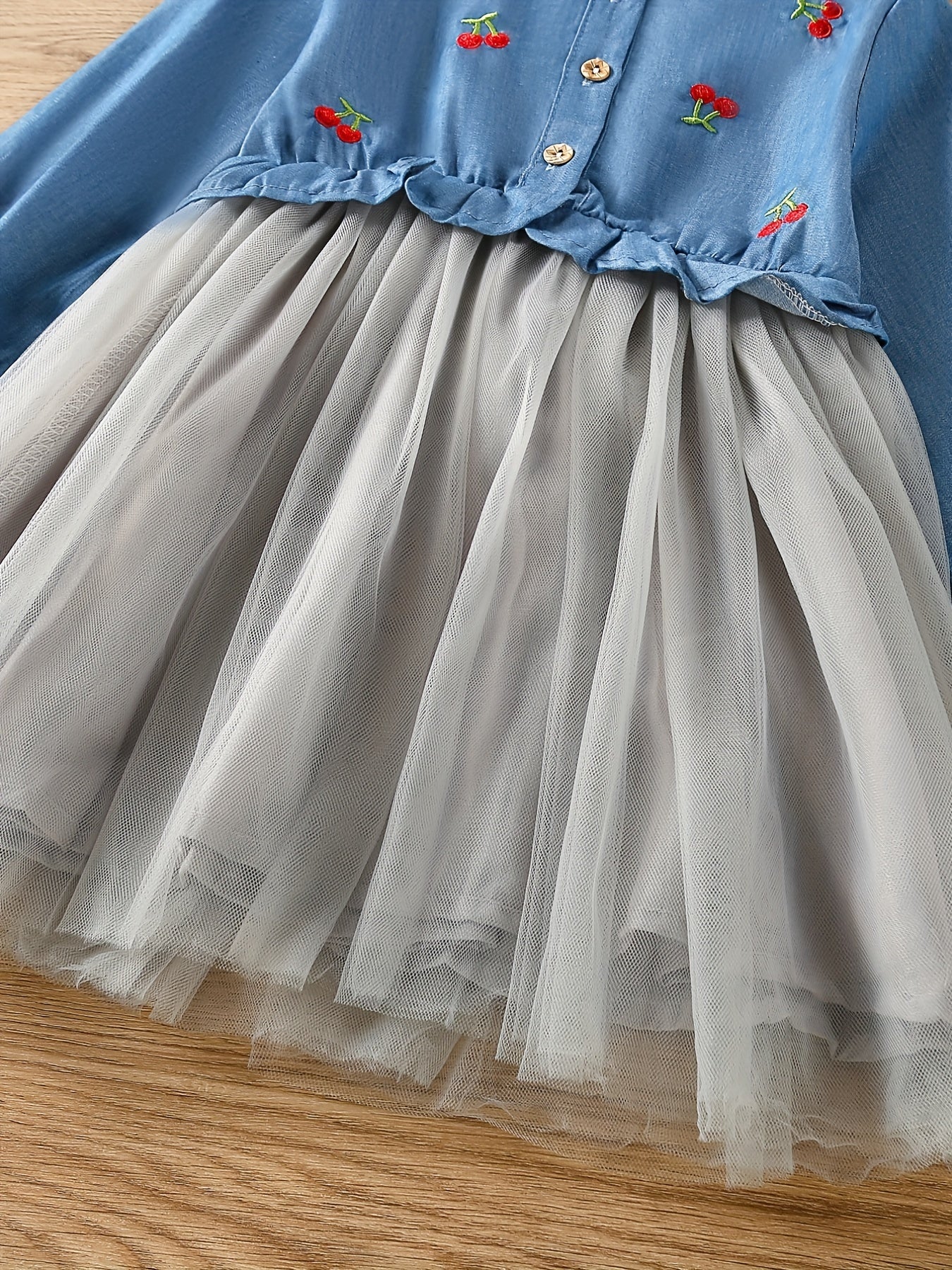 Girls Cherry Embroidery Tutu Dress For Spring And Autumn
