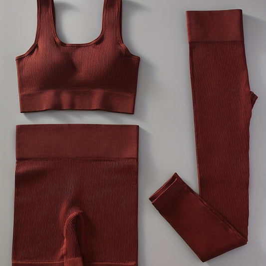 3pcs Ribbed Yoga Workout Suits Sports Bra & Leggings Sets Women's Activewear