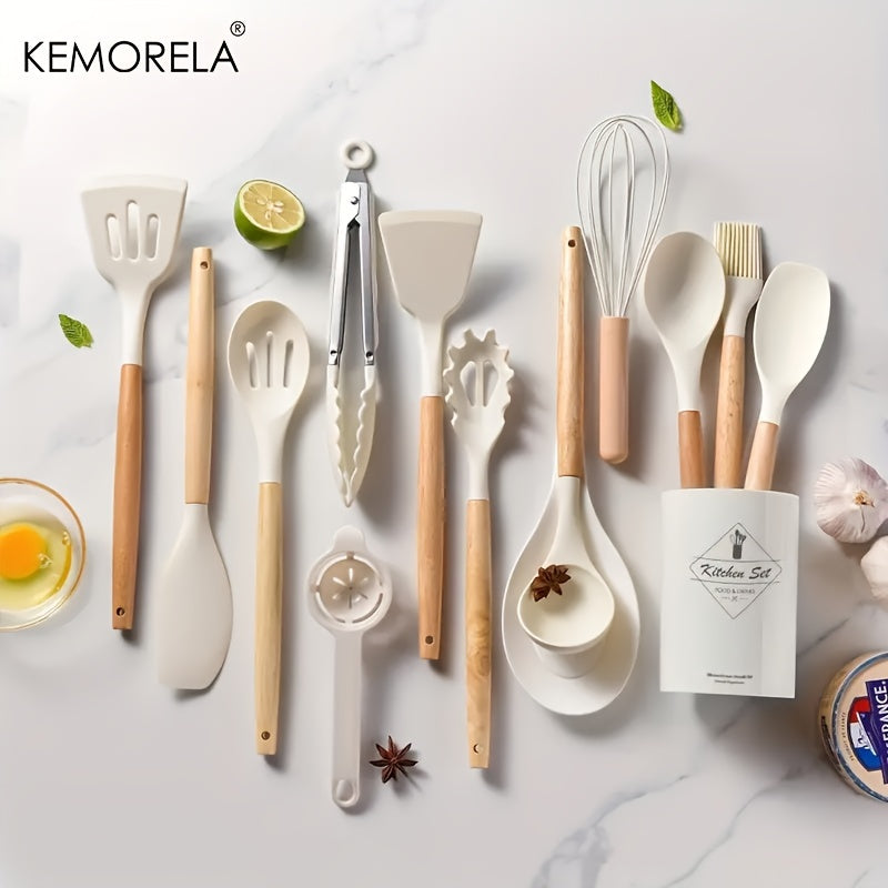 14pcs Silicone Utensil Set with Wooden Handle & Storage Bucket