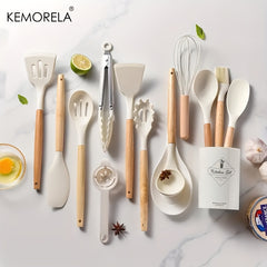 14pcs Silicone Utensil Set with Wooden Handle & Storage Bucket