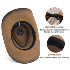 MUMUWU Leather Cowboy Hat Outdoor Wide Brim Cowgirl Hat Light Brown Khaki
