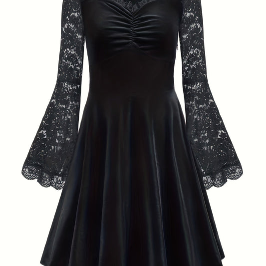  Gothic Dress Women's Solid Contrast Lace Bell Sleeve Maxi Dress