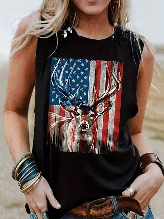  Independence Casual Tank Top Women's Plus Flag & Deer Print