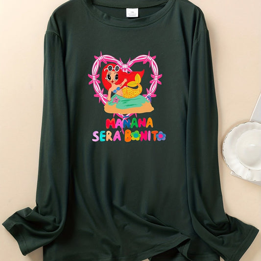  Colorful Letter & Cartoon Figure Print Long Sleeve Round Neck T-shirt