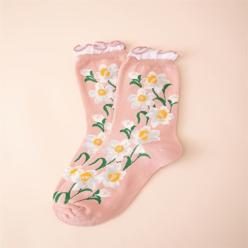 Floral Pattern Cotton Mid Tube Socks with Ruffle Trim