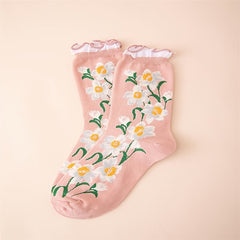 Floral Pattern Cotton Mid Tube Socks with Ruffle Trim