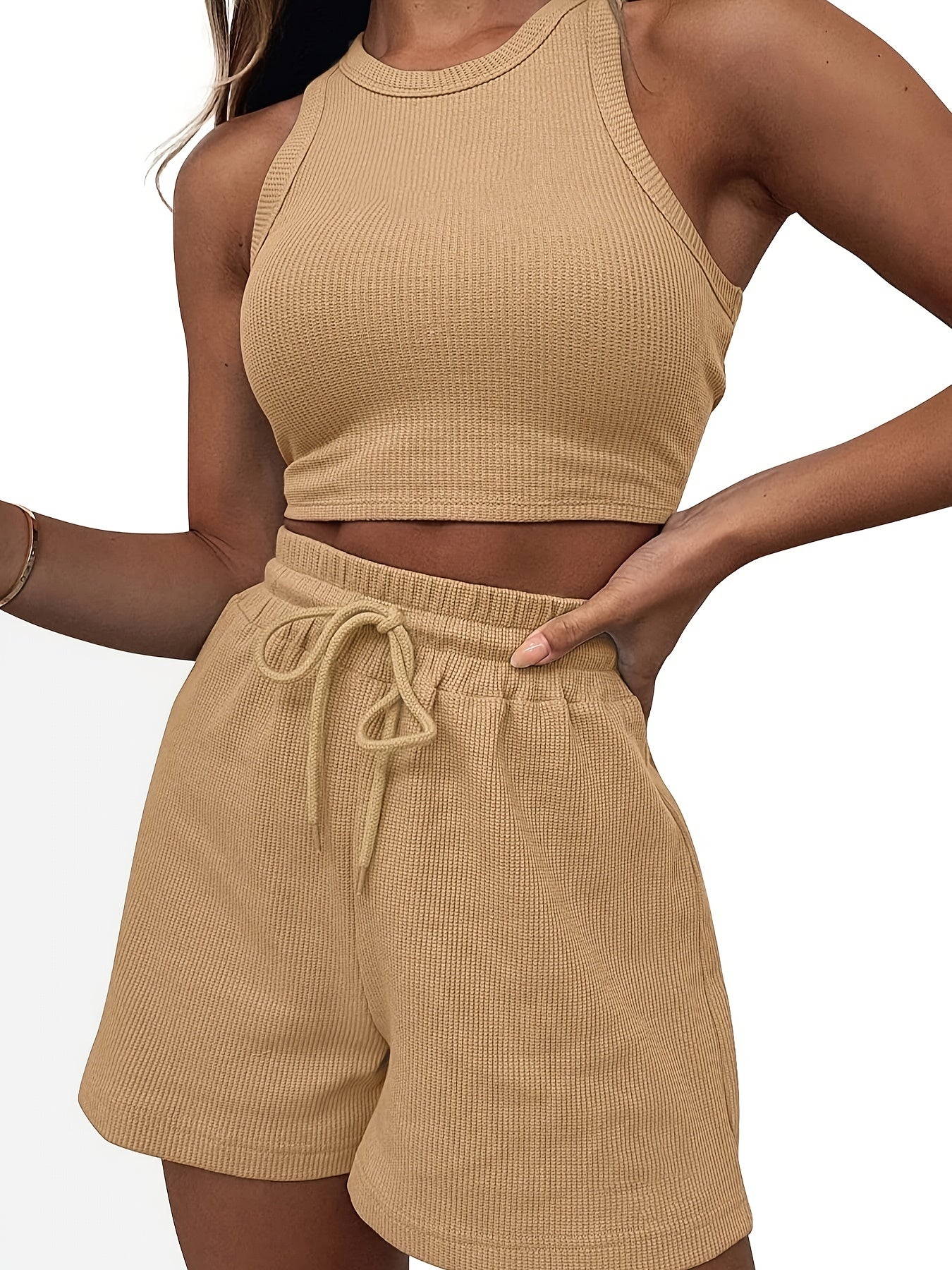 2pcs Waffle Casual Sports Sets Crew Neck Crop Top & Drawstring