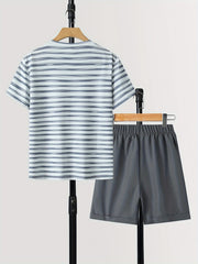 Boys Striped Sunglasses Graphic Print T shirt & Shorts Set for Summer