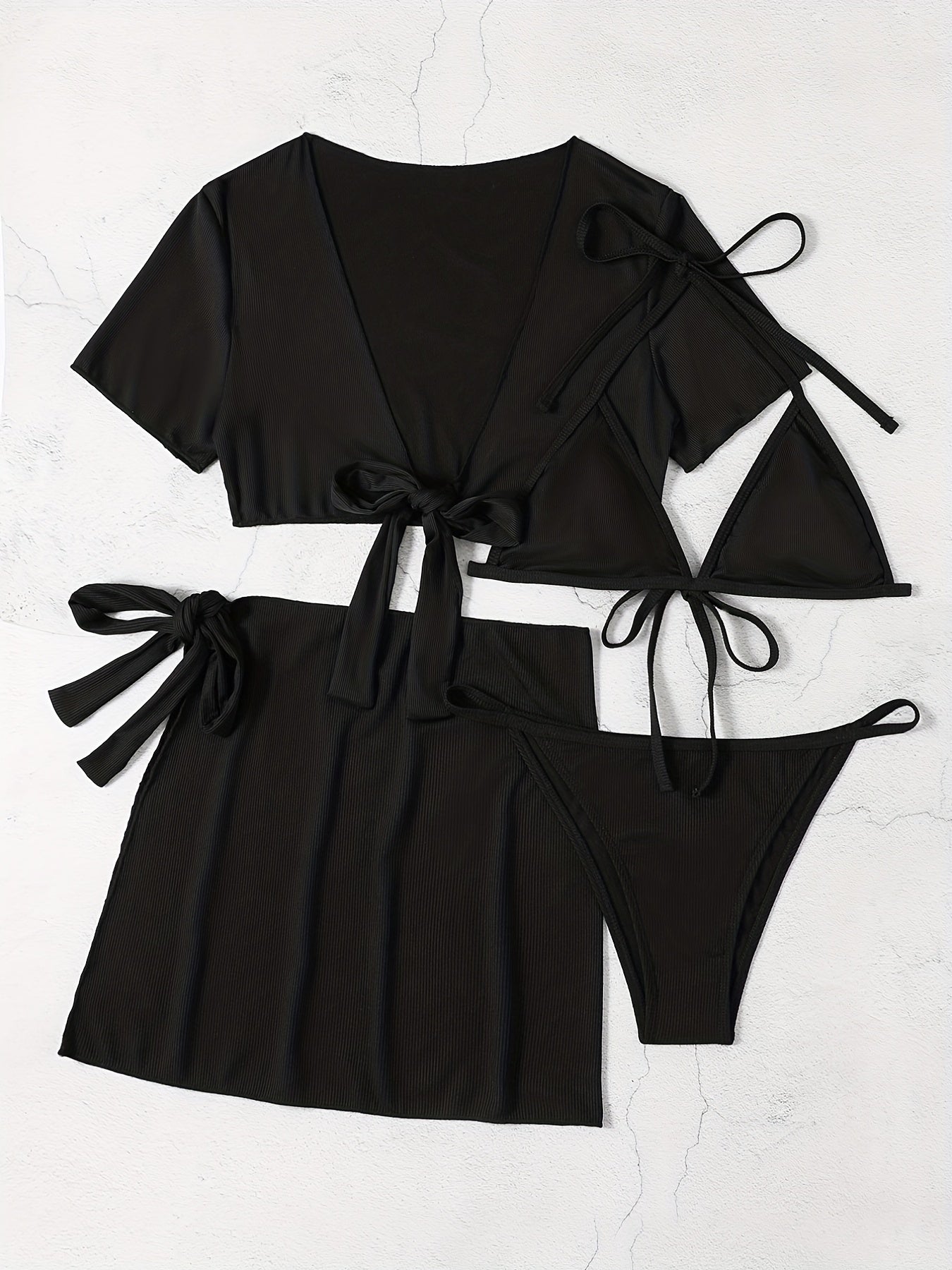 Solid Stretchy Bikini Set Halter V Neck High Cut With Cover Up