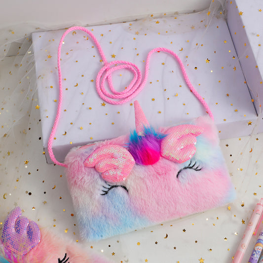 Girls Sequin Plush Unicorn Tie Dye Bag Coin Purse Crossbody Bag
