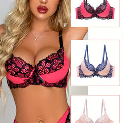 3pcs Contrast Lace Push Up Bras Colorblock Bra Women's Lingerie