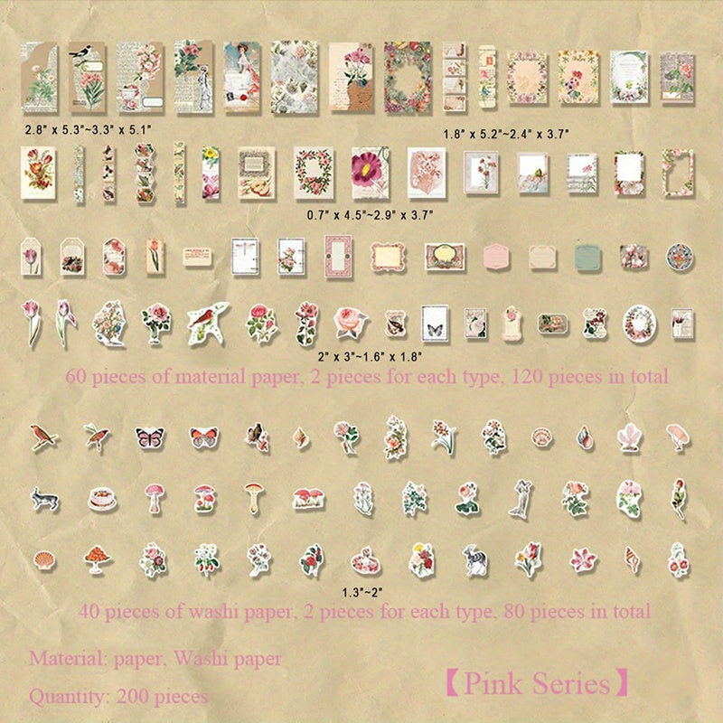 200pcs Vintage Scrapbook Material Journaling Paper Stickers