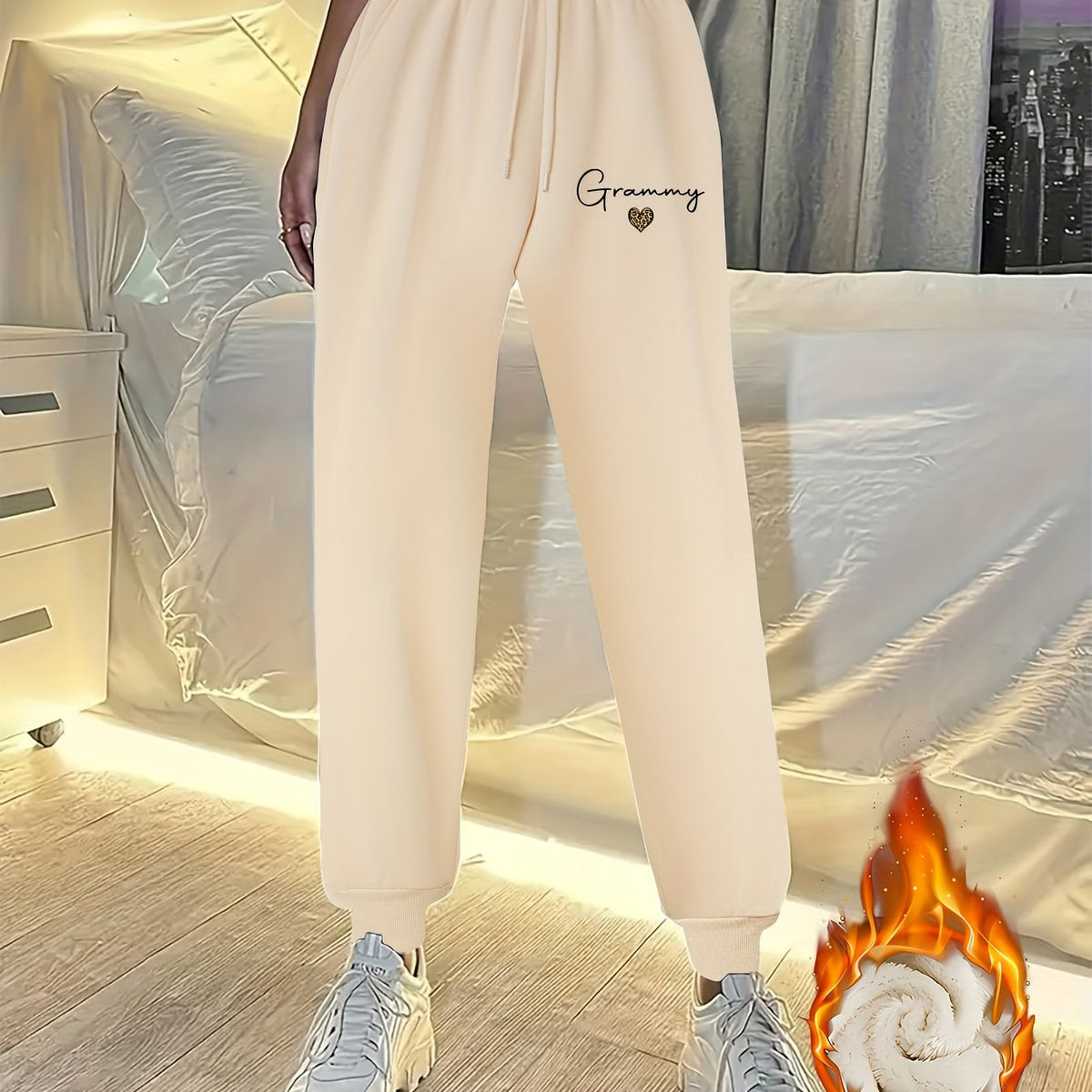  Letter & Heart Print Fleece Joggers