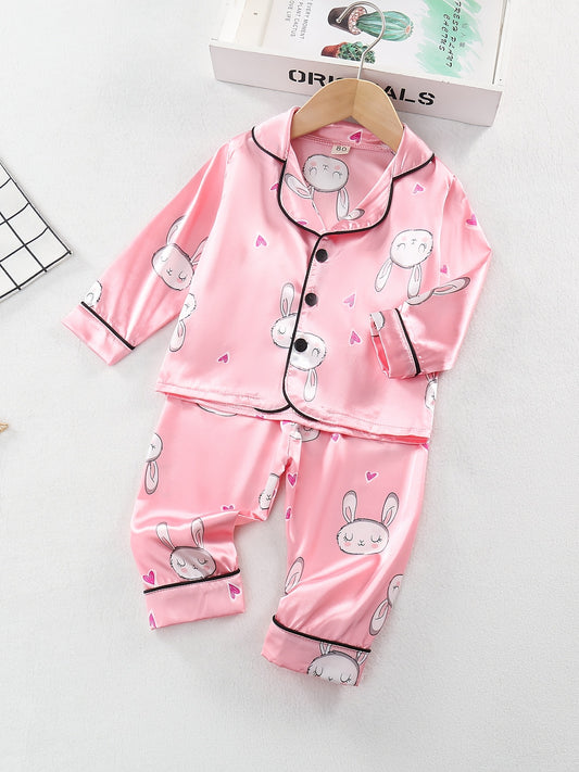 Girl's Rabbit Pattern 2pcs Button Front Long Sleeve Top & Pants Set