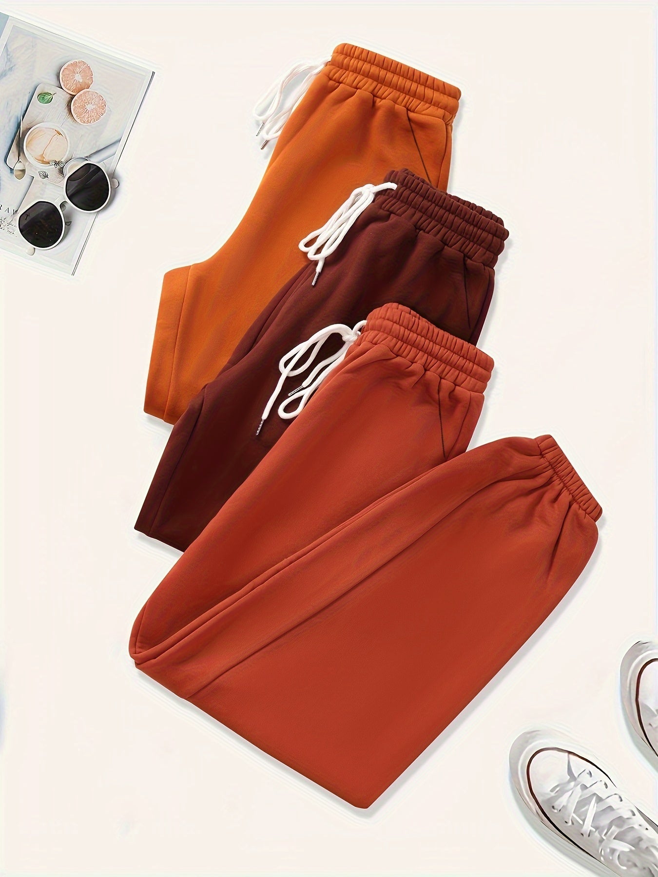 3 Pack Plus Size Basic Pants Women's Plus Solid Elastic Drawstring Hig...