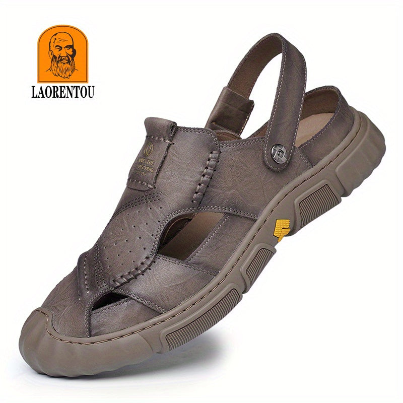 LAORENTOU Men's Leather Stitch Non slip Sandals Durable Quick Dry Closed Toe