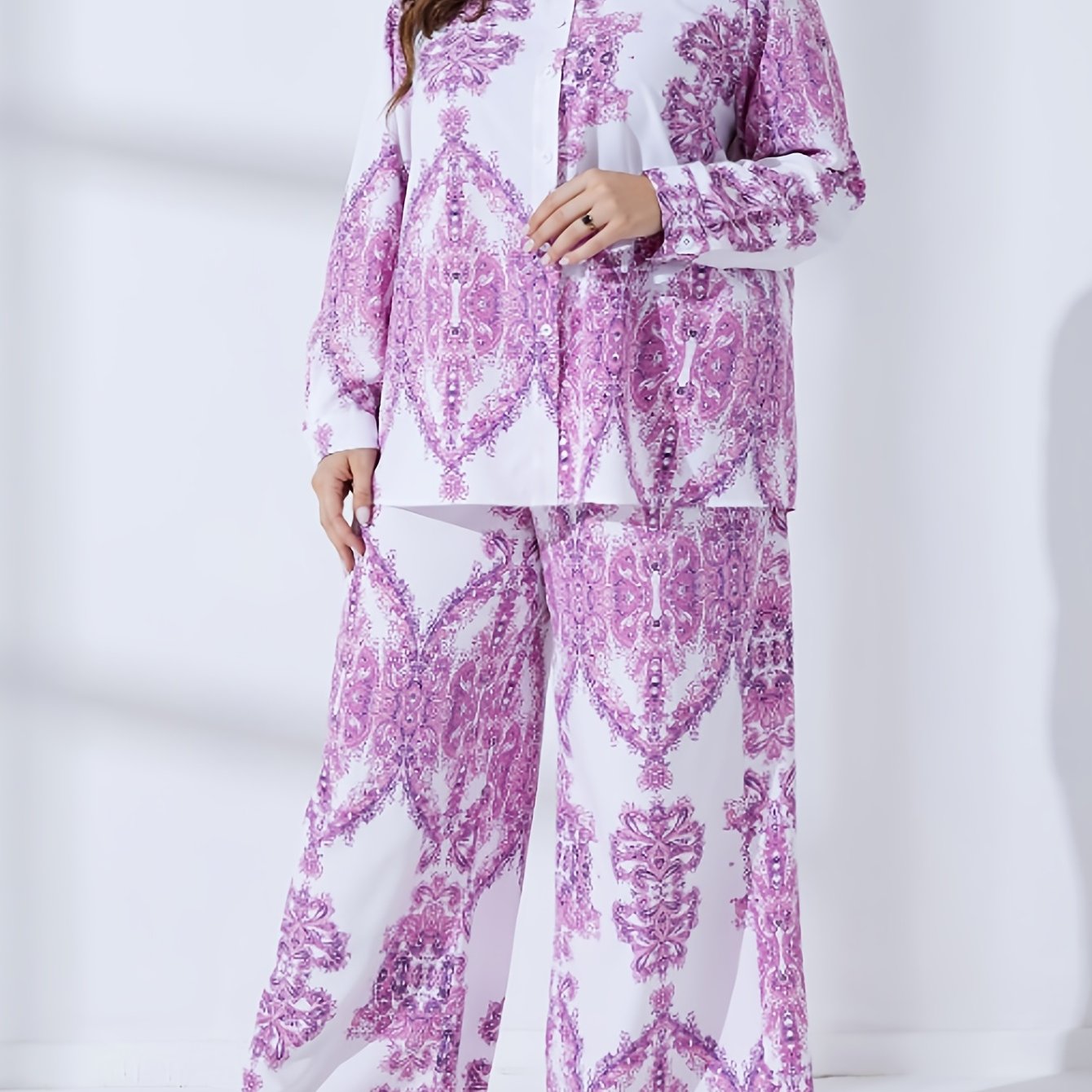 Women's Plus Damask Print Long Sleeve Button Up Shirt & Wide Leg Pants Set