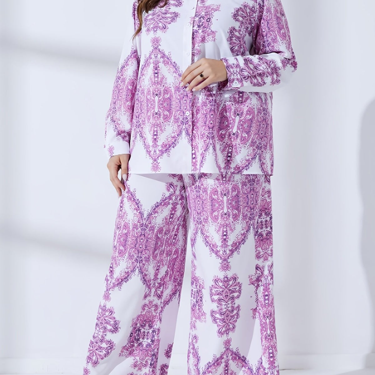 Women's Plus Damask Print Long Sleeve Button Up Shirt & Wide Leg Pants Set