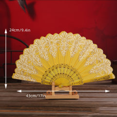 Chinese Floral Pattern Handheld Folding Fan Golden Fan Plastic Bone Portable