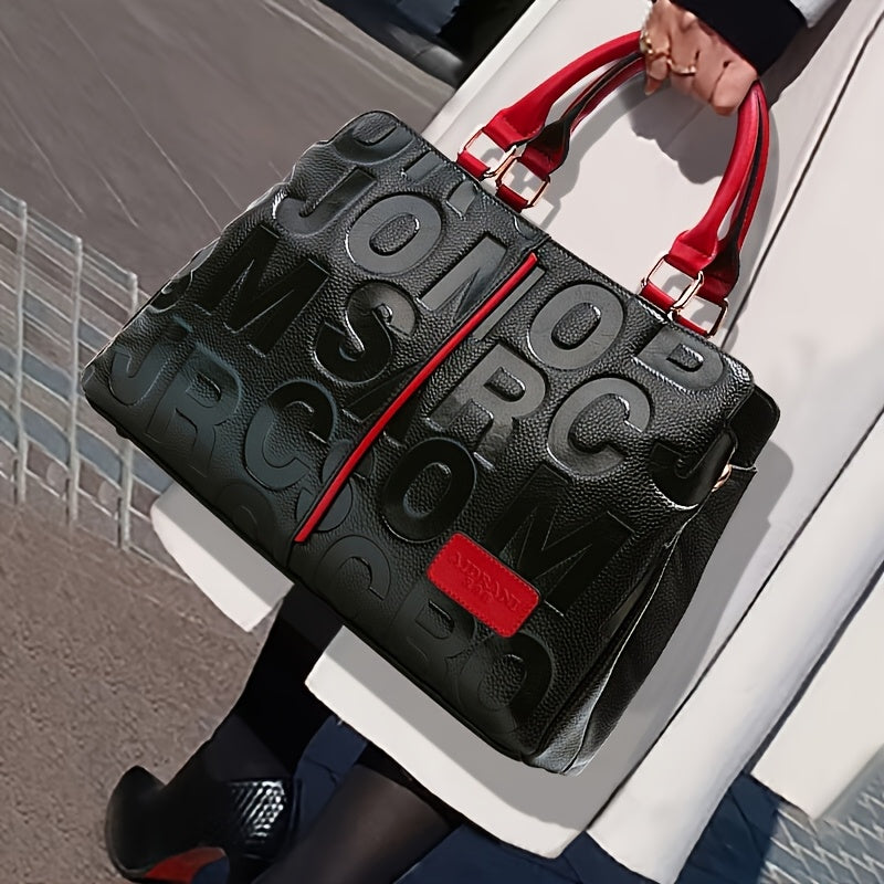 Women's Embossed Leather Tote Bag with Red Accents