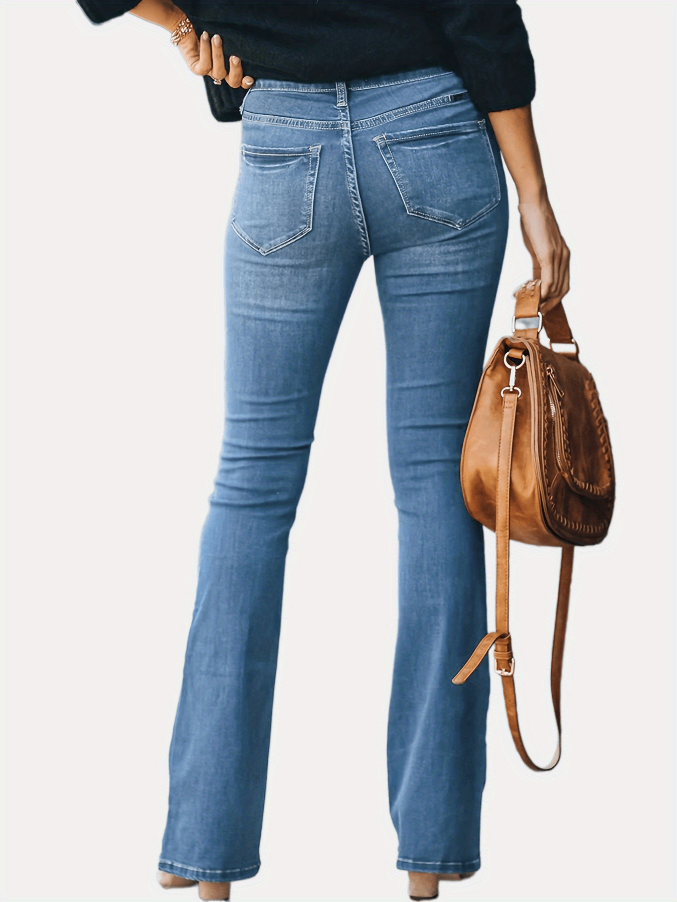 Embossed Button Bell Bottom Jeans Slim Fitting Bootcut Pants