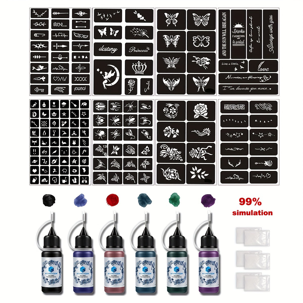 8 Sheets Tattoo Stencils & 6 Bottles Ink Set