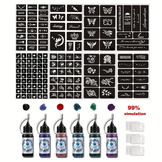 8 Sheets Tattoo Stencils & 6 Bottles Ink Set