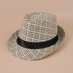 Plaid Striped Jazz Fedora Cap Straw Sun Hat British Style Trilby Hats