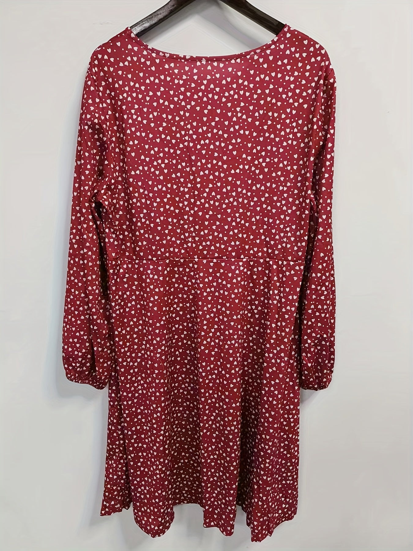 Heart Print Lantern Sleeve V Neck Dress With Belt