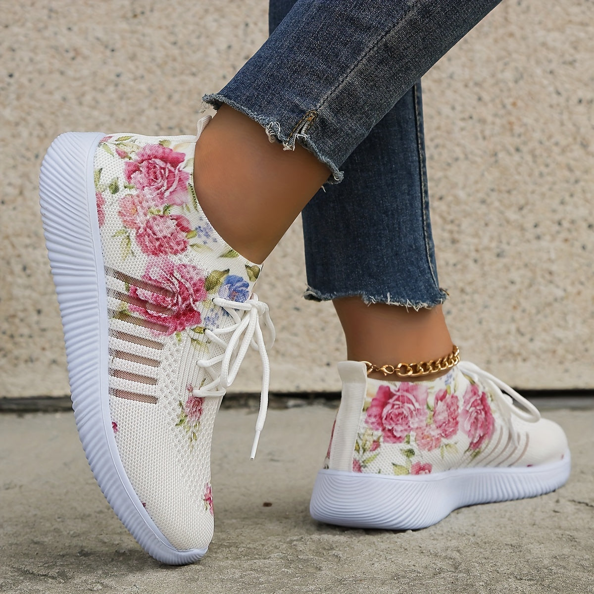 Women's Flower Print Sneakers Lace Up Outdoor Shoes