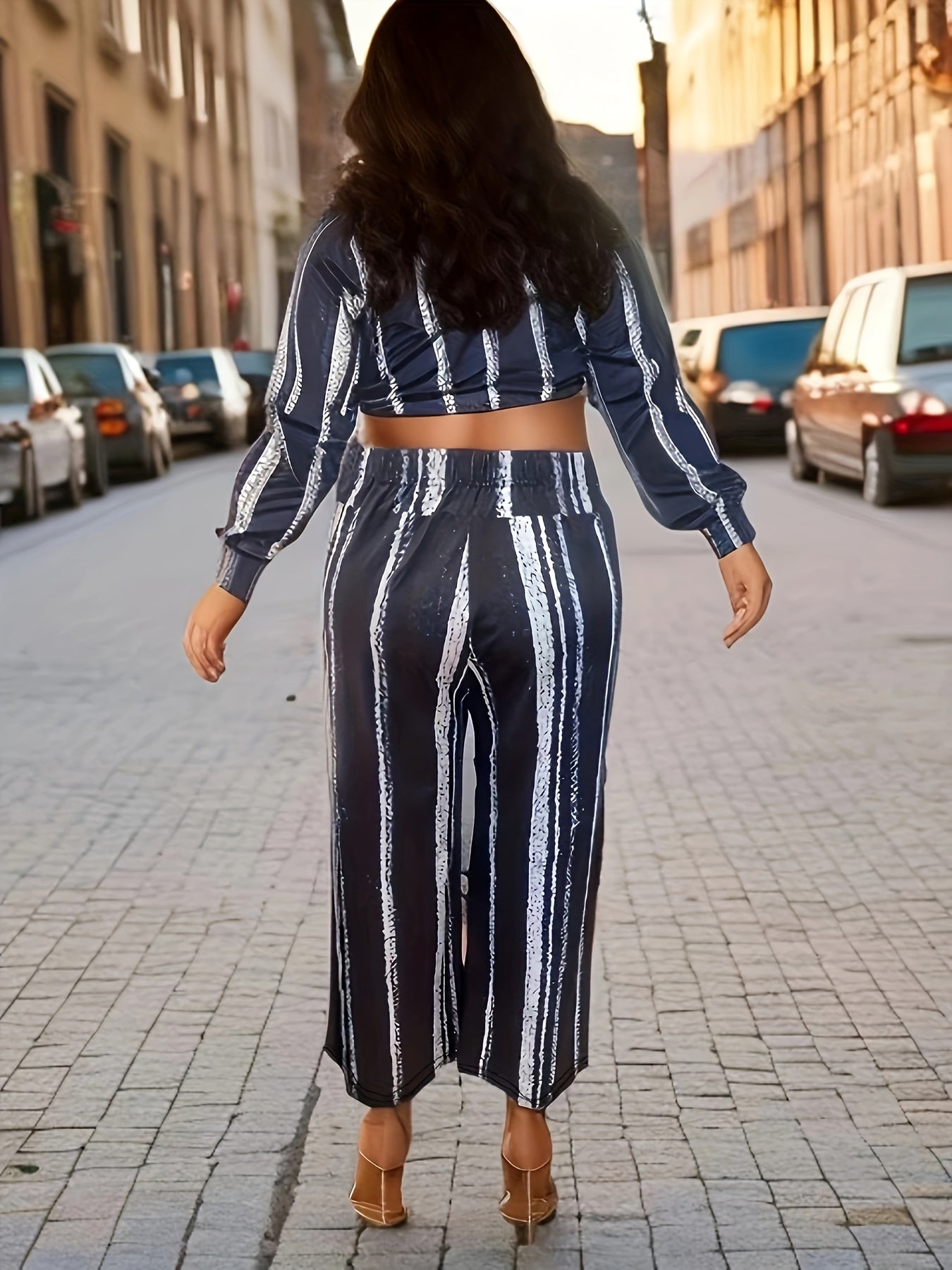  Colorblock Stripe Print Wide Leg Trousers
