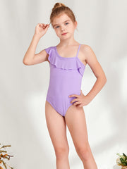 Toddler Girls One Piece Swimsuit Ruffle Trim Asymmetrical Neck