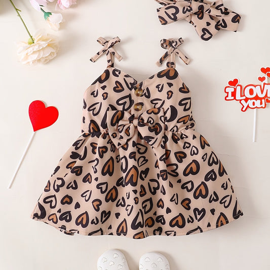 Baby Girls Spaghetti Strap Dress Headband Hearts Print Baby Clothes