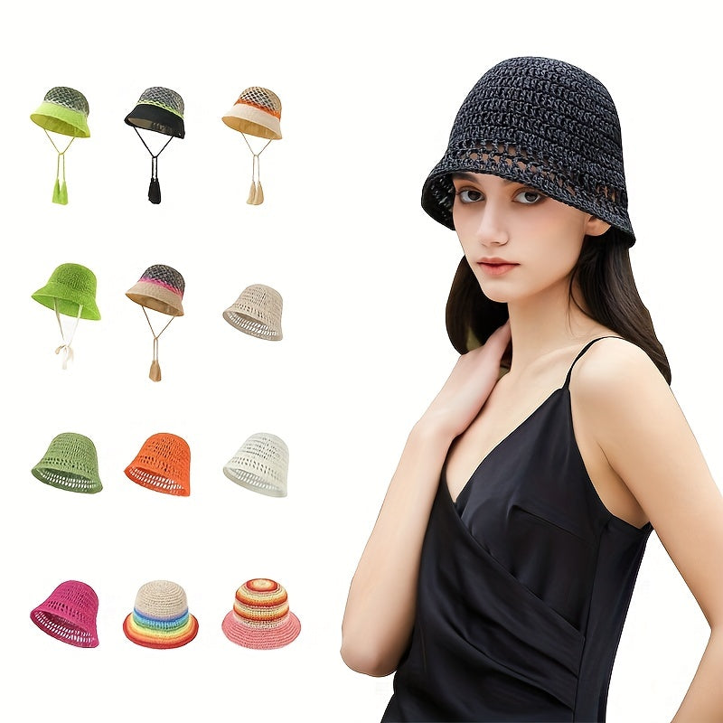 Y2K Hollow Crochet Bucket Hat Gradient Boho Straw Cloche Hats Women