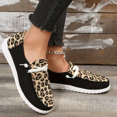 Leopard Printed Canvas Lace Up Sneakers Round Toe Low Top Flats
