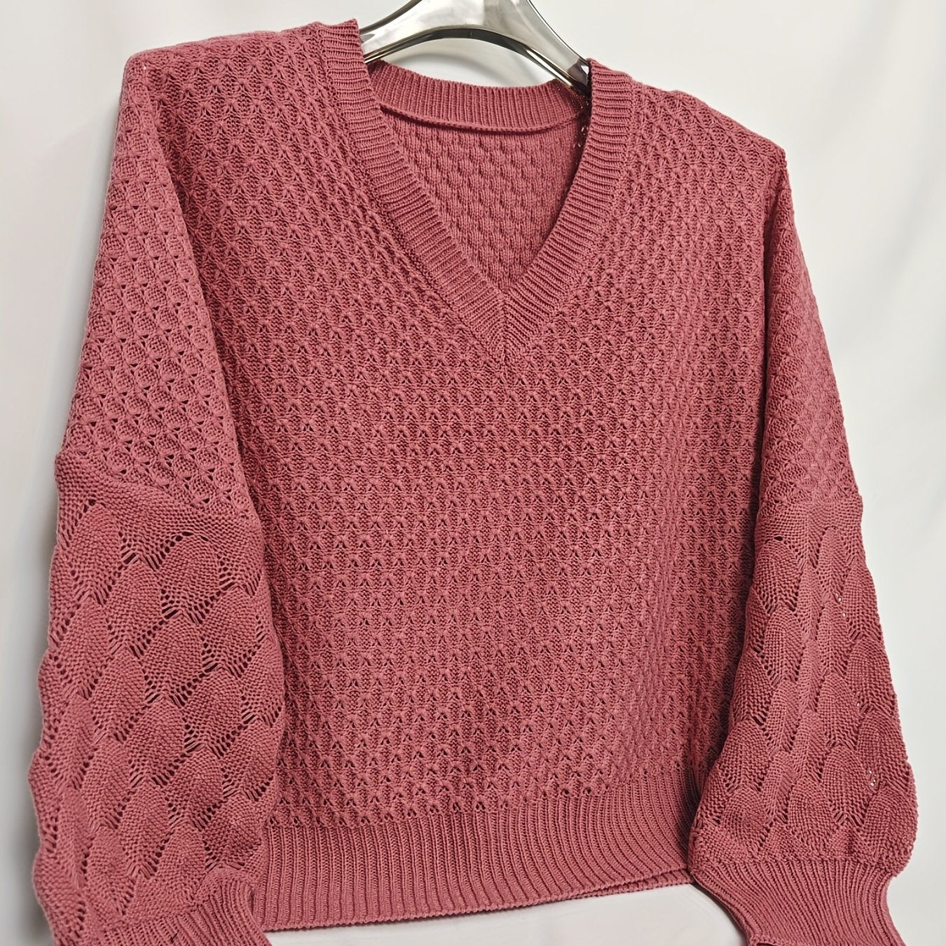  Lantern Sleeve Eyelet Embroidered V Neck Sweater