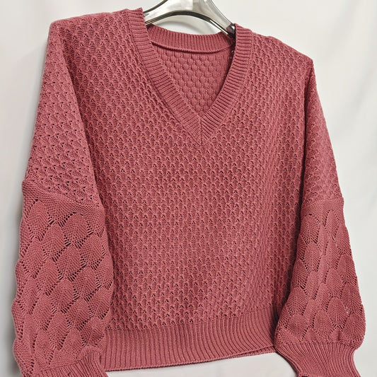  Lantern Sleeve Eyelet Embroidered V Neck Sweater