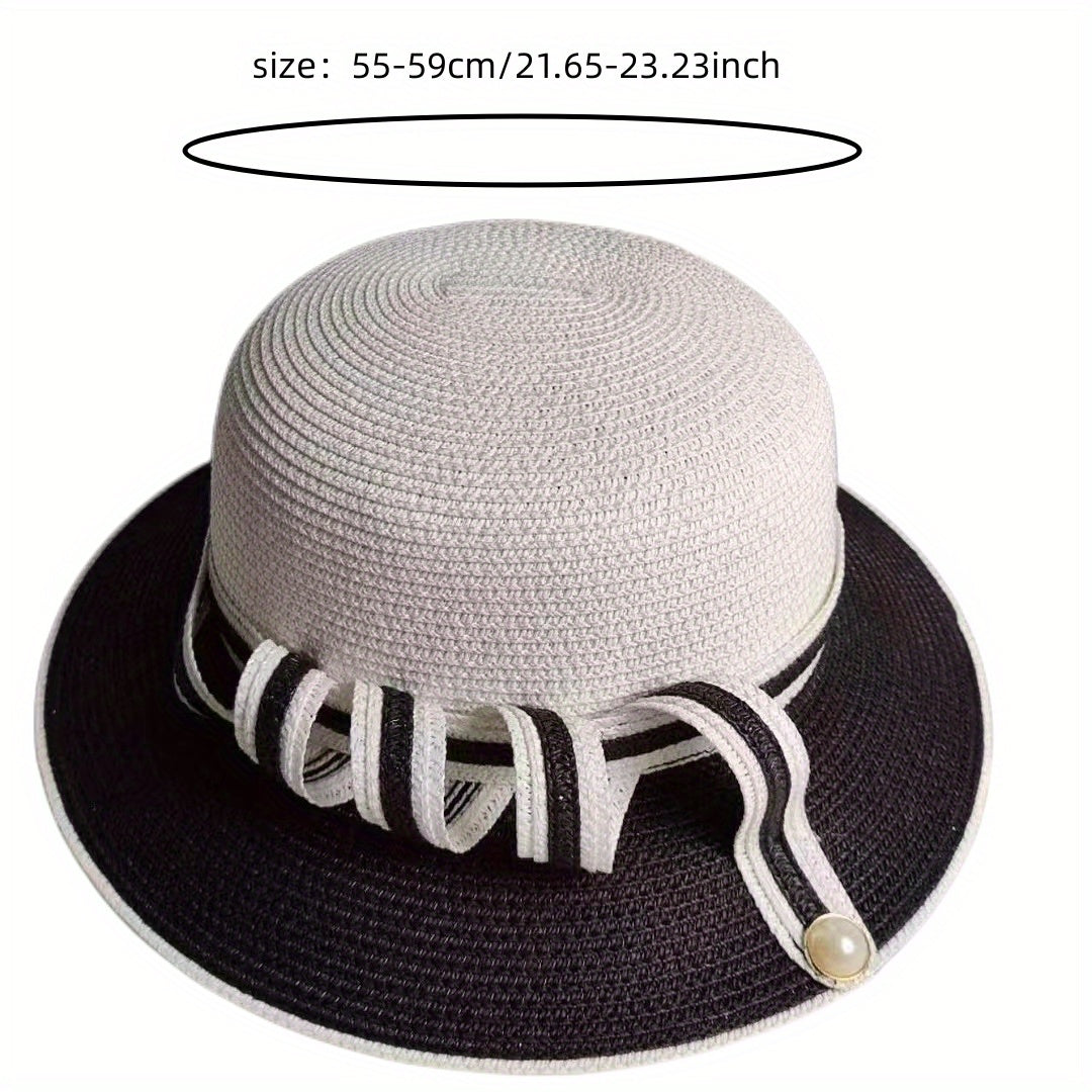 Pearl Buckle Straw Bucket Hat for Women