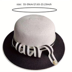 Pearl Buckle Straw Bucket Hat for Women