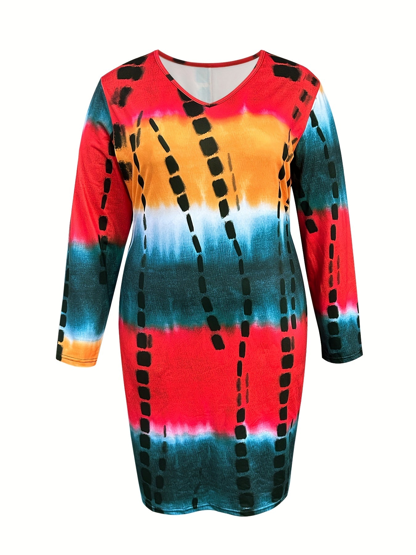 Women's Plus Ombre Print Tie Dye V Neck Slight Stretch Dress