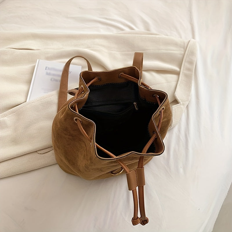 Suede Flap Backpack Drawstring Daypack Rucksack for Work & Travel