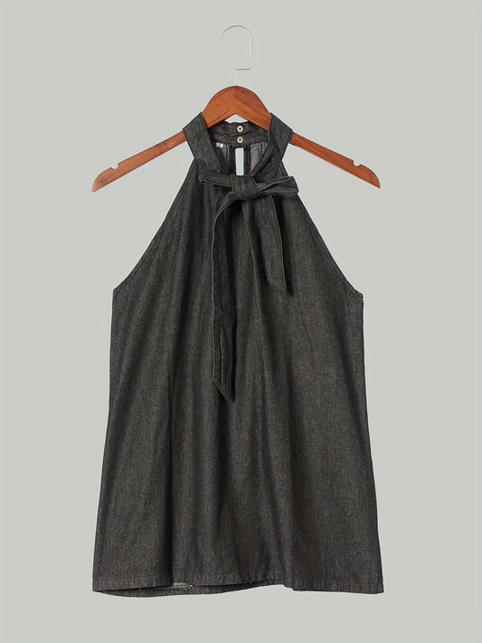 Tie Front Denim Top Cut Out Sleeveless Bow Tie Casual Denim Top