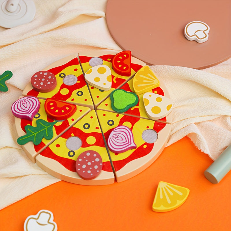 Wooden Pizza Pretend Play Toy DIY Slicing & Sticking Game with Magic Tape