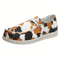 Cow Printed Flat Loafers Round Toe Lace Up Walking Sneakers