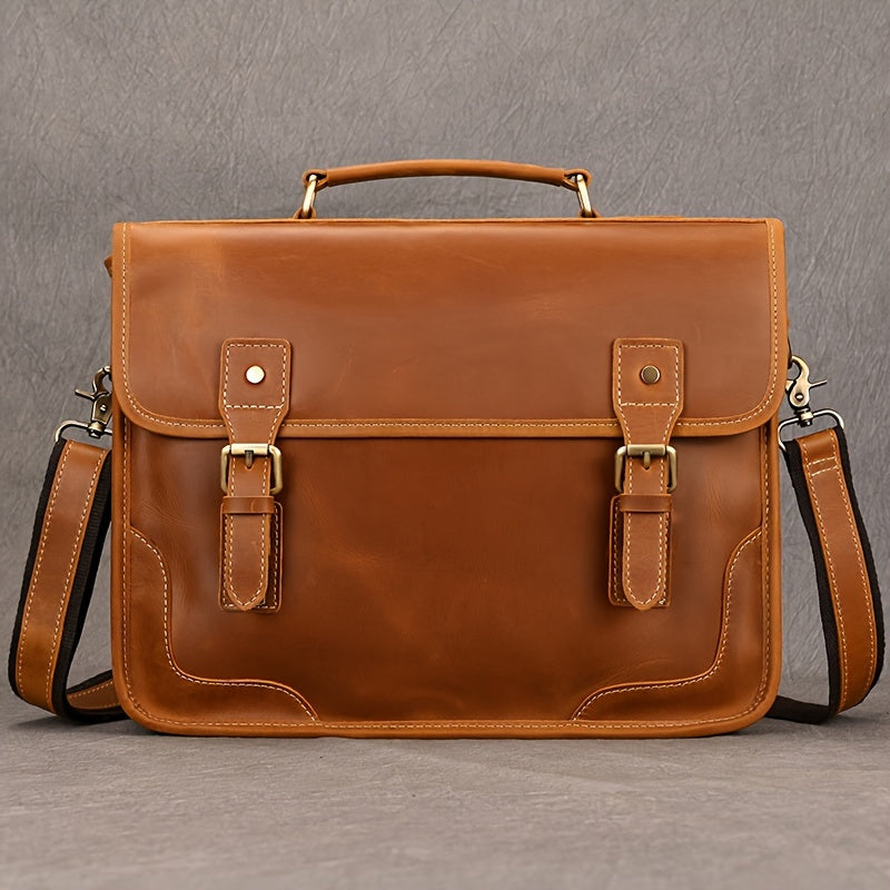 Men's Cowhide Leather Briefcase Flap Laptop Bag Crazy Horse Leather Shoulder Bus